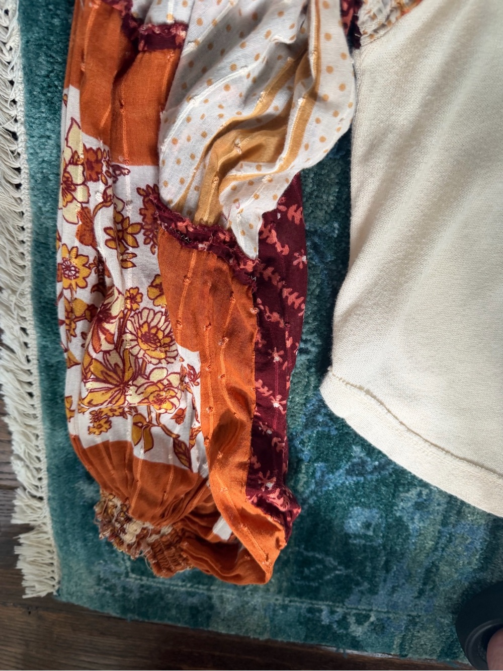 Free People Cream Henley Top with Rust and Maroon Patchwork Sleeves - Picture 4 of 12